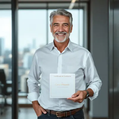 Person proudly holding a certificate, office background, smiling confidently