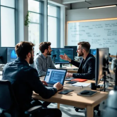 Data scientists in a modern office, discussing machine learning projects, computers on desks
