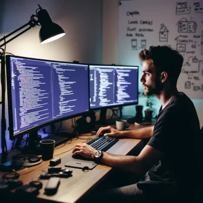 developer creating a video game, desk setup, dual monitors, programming code on screens