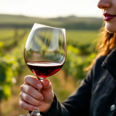 wine tasting, close-up of a person swirling wine glass, vineyard background