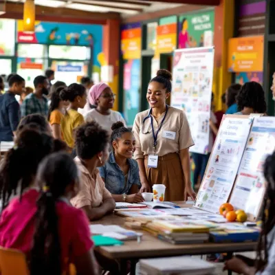 community health worker interacting with diverse group, educational materials displayed, vibrant community setting